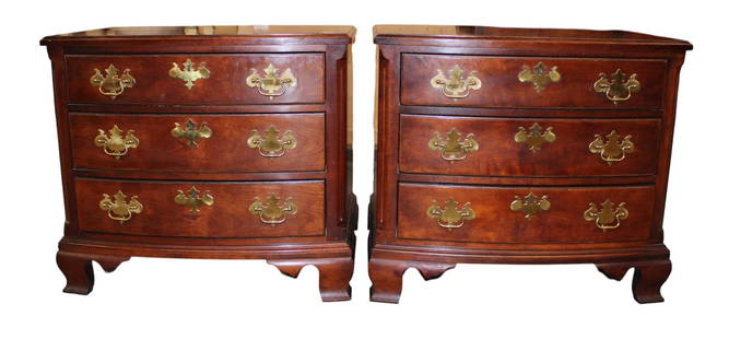 Henredon solid mahogany bow front nightstands: Pair of Henredon solid mahogany 3 drawer bow front nightstands, original finish, structurally sound and in good condition with some surface wear on tops. Each 25"h x 28"w x 19"d