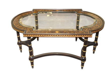 Quality paint decorated bevel glass cocktail table: Quality paint decorated bevel glass top cocktail table, structurally sound and in good condition with no noticeable issues. 19.5"h x 41"w x 24.5"d