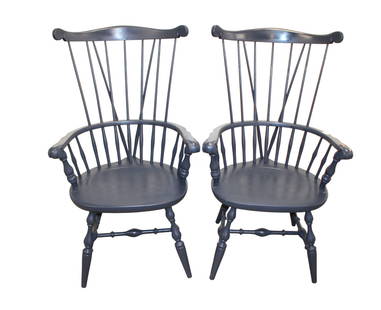 Pair of vintage Nichols and Stone windsor style comb back chairs in a bluish gray paint: Pair of vintage Nichols and Stone windsor style comb back chairs in a bluish gray paint, structurally sound and in good condition with no noticeable issues. 42"h x 25"w x 20"d seat height 18"