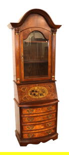 Vintage decorated burl walnut secretary bookcase: Vintage decorated burl walnut 1 piece secretary bookcase with carved columns, original finish, structurally sound and in good condition with no noticeable issues. 87"h x 29"w x 19"d
