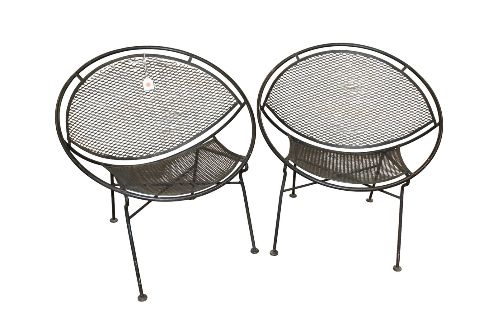 MCM Salterini Maurizio Tempestini iron radar chairs: Pair Salterini Maurizio Tempestini mid century modern iron radar chairs, structurally sound and in good condition, no issues seen. Each 29.5"h x 30" diameter. Seat height 15"
