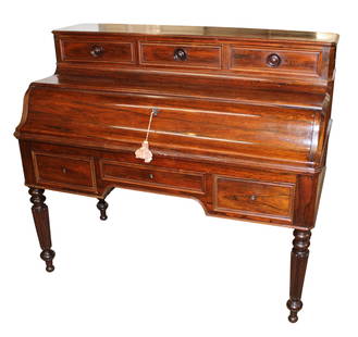Antique rosewood & birdseye maple carlton desk: Beautiful antique all rosewood carlton fall front desk with birdseye maple full interior, with key, original finish, structurally sound and in good condition for age. 44.5"h x 52"w x 25"d