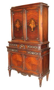 Antique urn inlaid burl mahogany silver cabinet server: Antique burl mahogany and exotic inlaid with urns 4 door 2 drawer silver cabinet server, original finish, structurally sound and in good condition for age. 74"h x 42.5"w x 18"d