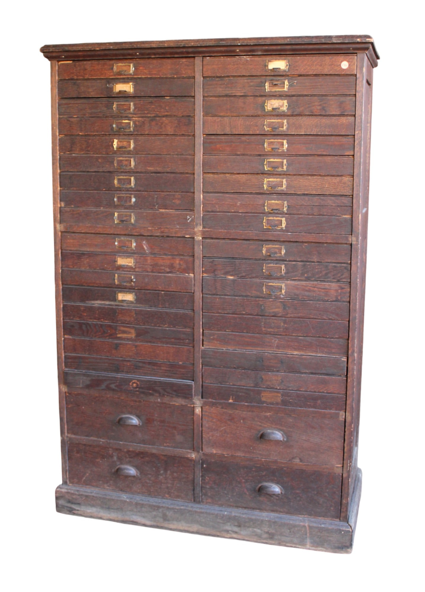 Antique 40 drawer industrial mixed woods cabinet: Antique 40 drawer industrial cabinet in the mixed woods, interior drawer depths (36) 1.75" (4) 5", original found condition, structurally sound and in good condition for age. 58.5"h x 38"w x 17"d