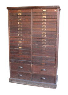 Antique 40 drawer industrial mixed woods cabinet: Antique 40 drawer industrial cabinet in the mixed woods, interior drawer depths (36) 1.75" (4) 5", original found condition, structurally sound and in good condition for age. 58.5"h x 38"w x 17"d