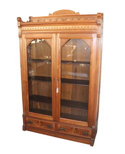 Beautiful antique walnut victorian bookcase w/keys: Beautiful antique walnut victorian 2 door 2 drawer bookcase with keys, 3 wood adjustable shelves, may have been refinished over the years, structurally sound and in good condition, no issues seen. 73"