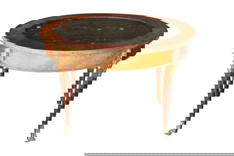 Antique French oval marble top table w/bronze accents: Antique French oval marble top table in the mahogany with bronze accents, has some loss around marble, structurally sound, see photos. 21"h x 30.5"w x 23"d