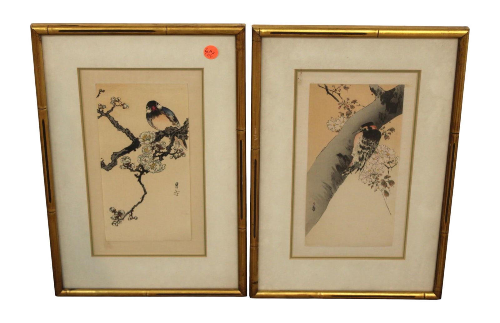 (2) Vintage bamboo framed artist signed Chinese prints (1 of 5)