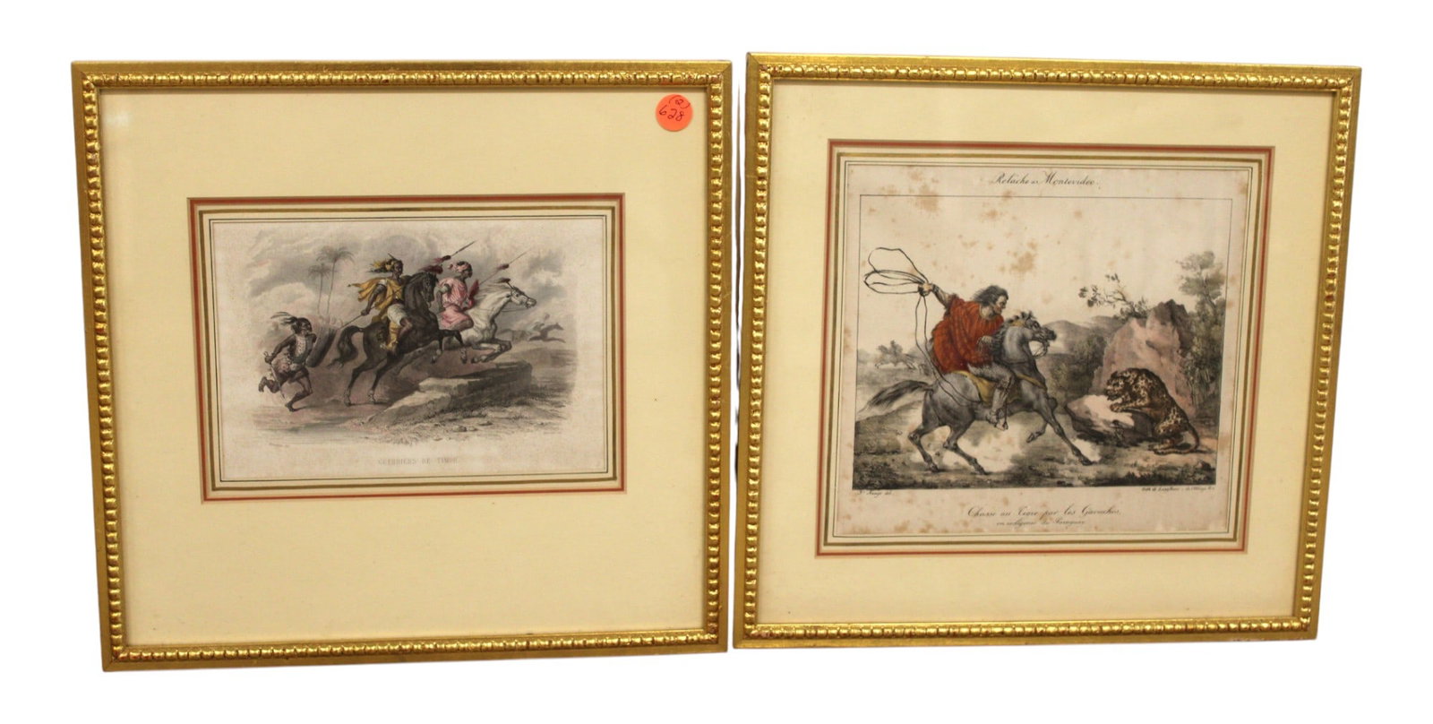 (2)Vtg Fr European prints Tiger Hunt and Battle of Waterloo: (2) Vintage French European prints under glass tiger Hunt by the Gauchos and Battle of Waterloo Defeat of Napoleon, structurally sound. 12.75"h x 13.5"w x .5"d