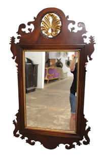 Quality vintage Baker style shell carved mirror: Quality burl mahogany chippendale style shell carved mirror, vintage, in the manner of Baker Furniture, structurally sound. 42"h x 24"w x 1"d
