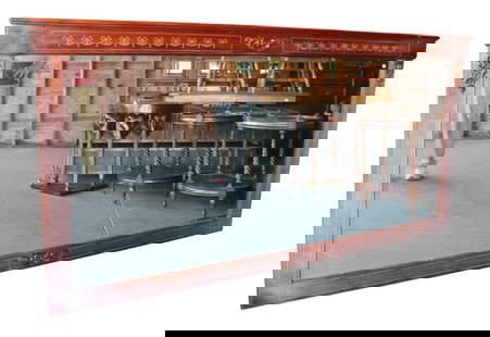 Mahogany inlaid beveled glass buffet or back bar mirror: Large mahogany framed and inlaid beveled glass buffet or back bar mirror, structurally sound with fading in finish. 24.75"h x 88"l x 2.5"d