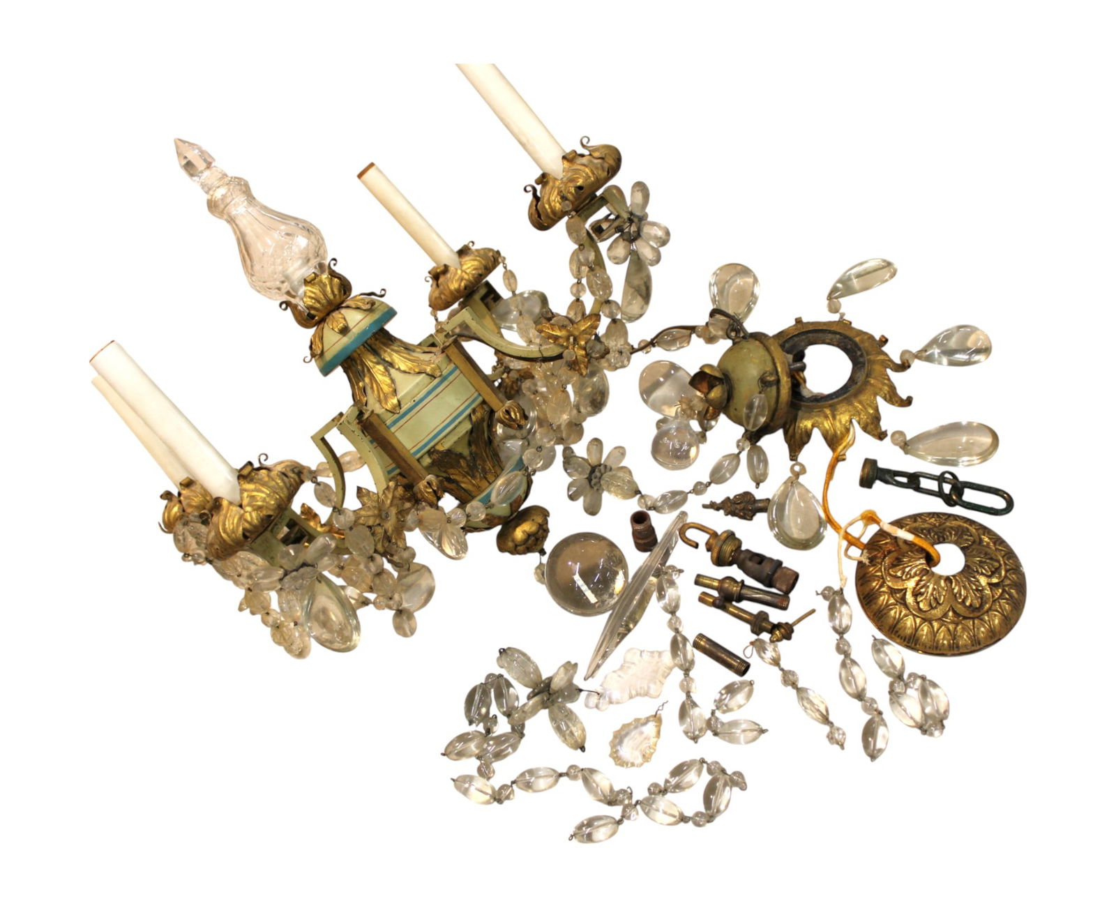 Antique French metal 4 armed chandelier with prism: Antique French metal 4 armed chandelier with prism, balls and dust cover in original found condition. Chandelier 17"h x 16 x 16 square