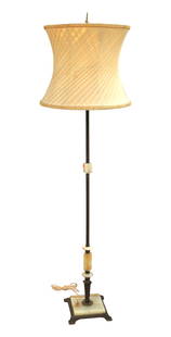 Antique onyx and metal pole floor lamp with shade: Antique onyx and metal pole floor lamp with shade, structurally sound. 64"h with 18" diameter shade.