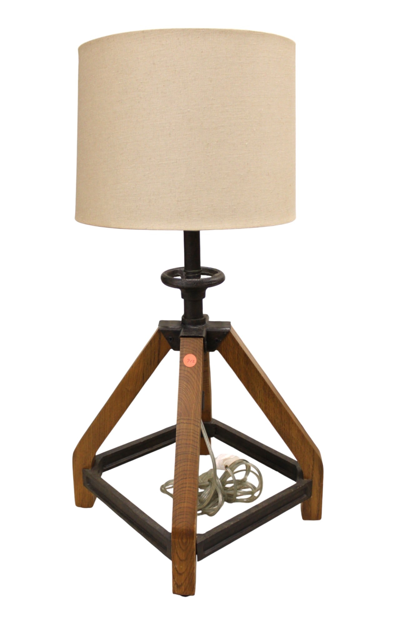 Ralph Lauren industrial wood and iron decorator lamp with shade - Quality: Quality Ralph Lauren industrial wood and iron decorator lamp with shade, structurally sound. 30"h with 13" diameter shade
