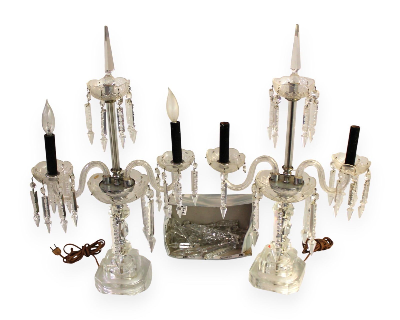 Pair of antique prism 2 burner candelabra lamps (1 of 6)