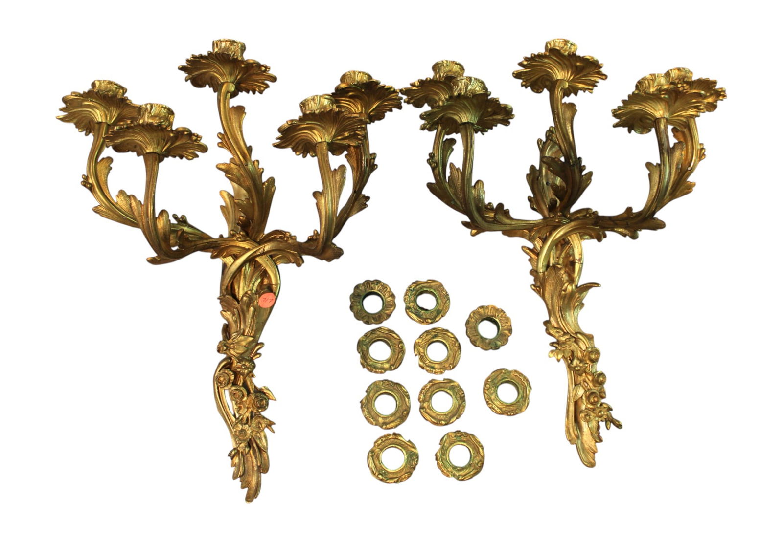 Pair of French antique bronze 5 burner wall candelabra sconces: Pair of French antique bronze 5 burner wall candelabra sconces, structurally sound. Each 17"h x 14"w x 9"d