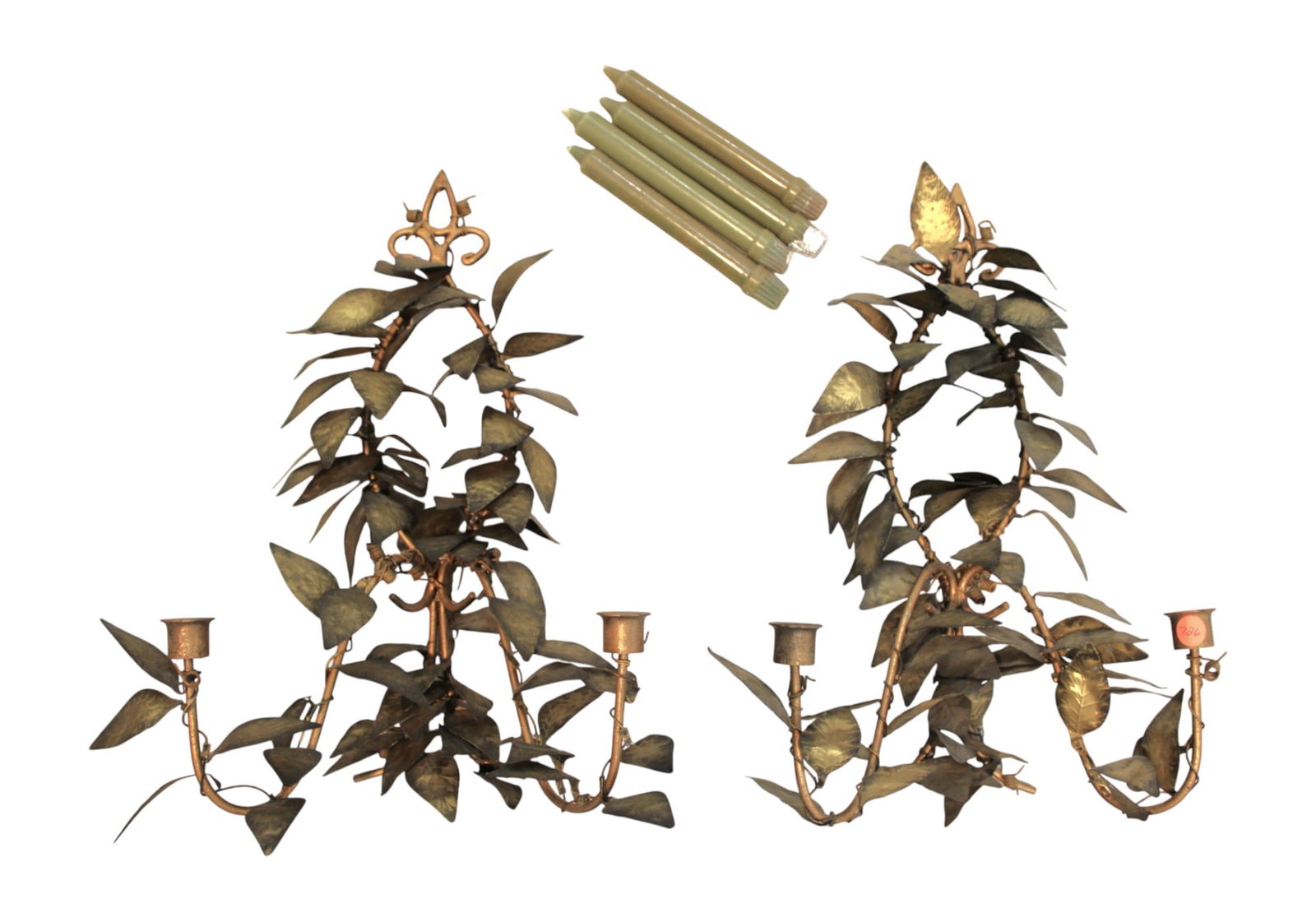 Jere style Mid C metal leaf 2 burner candle sconces: Pair of mid century metal leaf 2 burner candle sconces in the manner Jere, structurally sound. 19"h x 12"w x 7"d