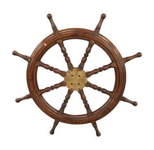 Antique wood brass iron ship wheel 45': Antique wood ship wheel with brass and iron center, structurally sound. 45" diameter x 3" deep