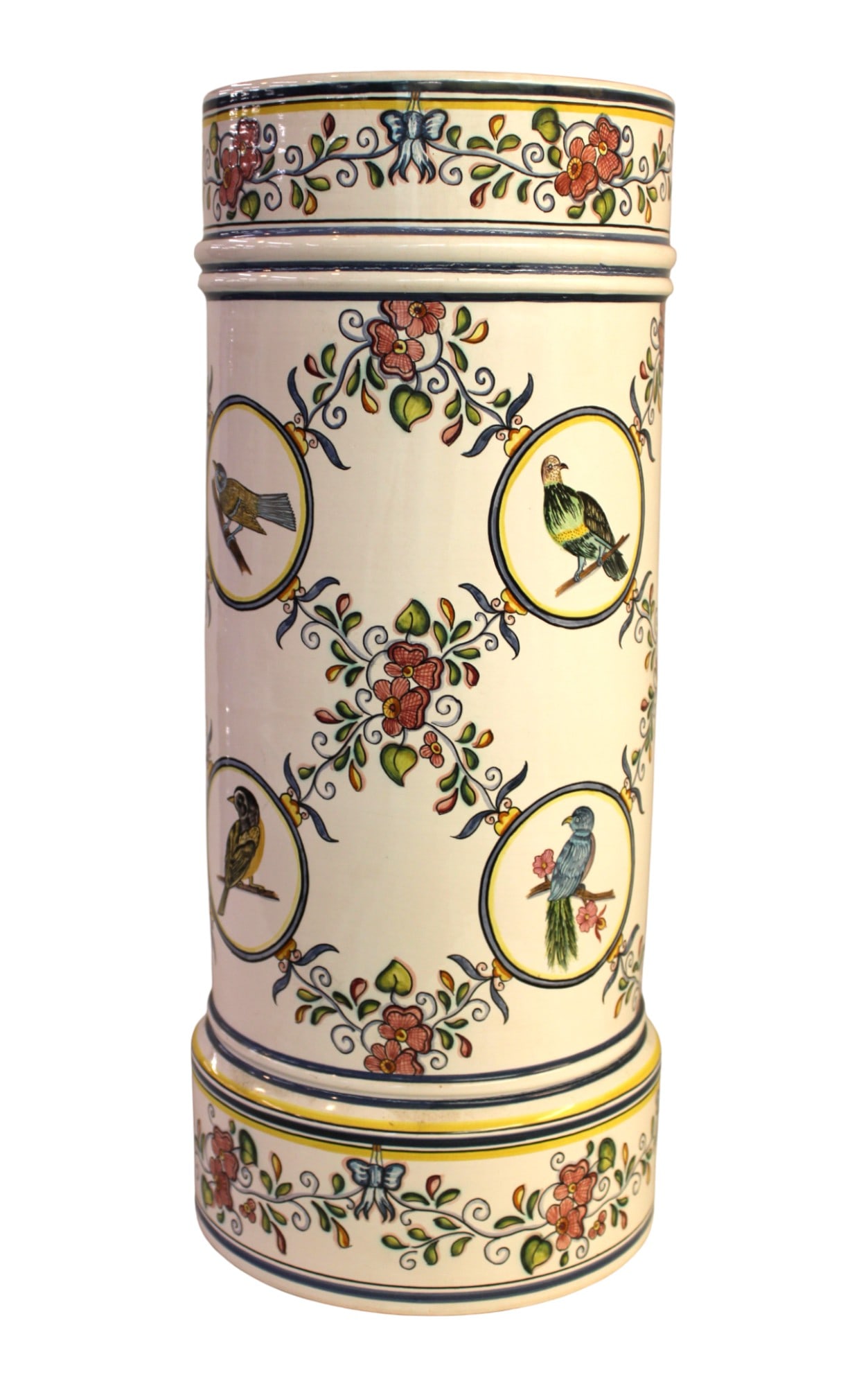 Portugal artist sg decorated porcelain umbrella stand: Portugal artist signed decorated porcelain umbrella stand. 20"h x 8.5" diameter