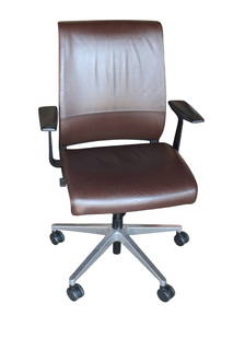 Steelcase office arm chair with leather like upholstered: Steelcase office arm chair with leather like upholstered, adjustable back and height, structurally sound and in good condition. 41.5"h x 26"w x 26"d photo'd at 21"h
