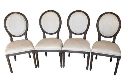 4 medallion country Fr style chairs attrib. Restoration Hardware: Set of 4 medallion back country french style chairs attributed to Restoration Hardware, structurally sound with some staining on upholstery. 40.5"h x20"w x 19"d seat height 19"