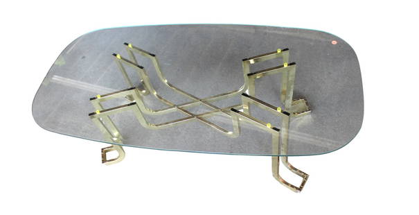 Vintage brass and glass coffee table: Vintage brass and glass coffee table, structurally sound. Glass is good. 17"h x 52"l x 25.5"w