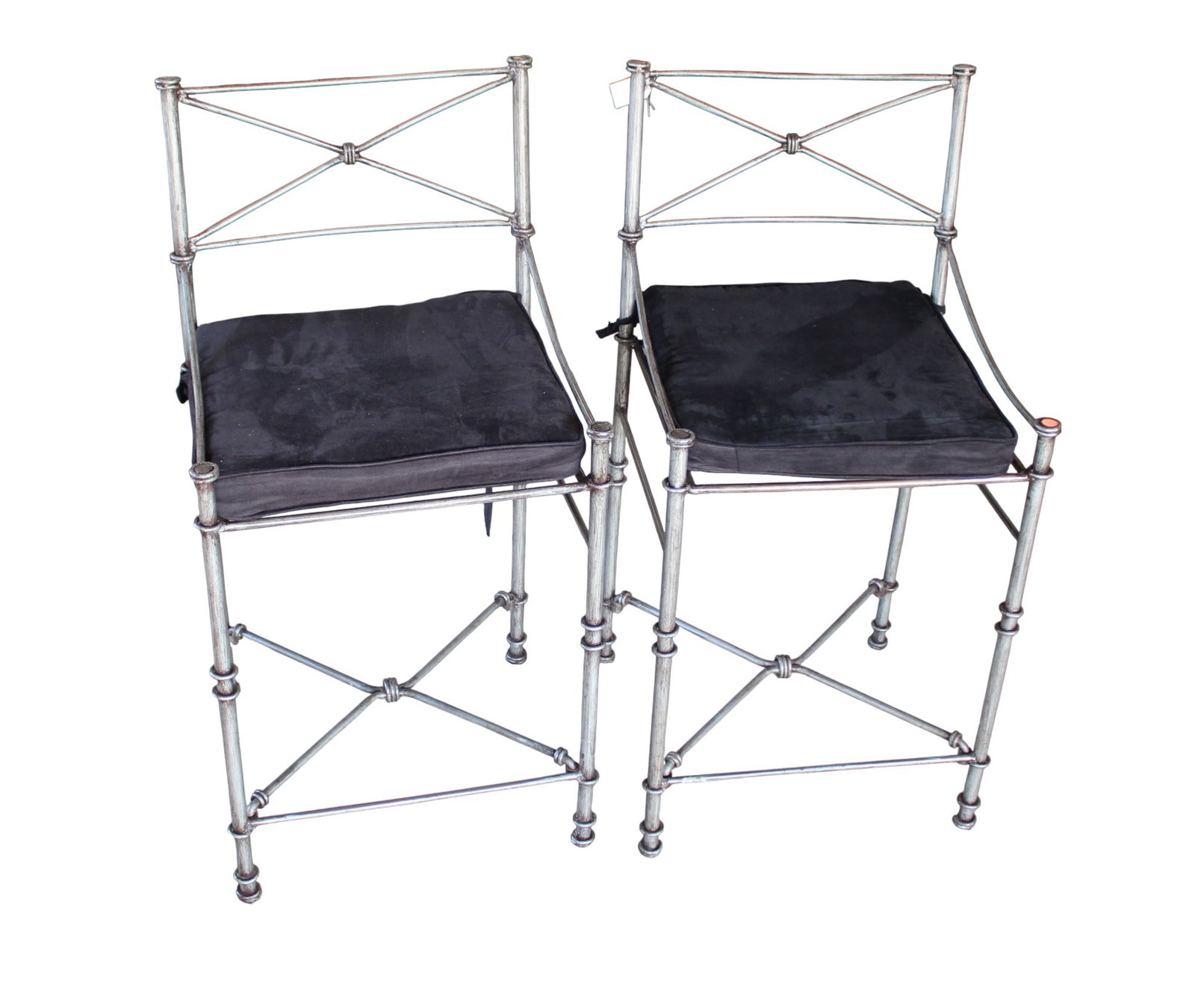 2 industrial iron pub chairs: 2 industrial iron pub chairs, structurally sound, upholstery needs cleaned. 40.5"h x 20.5"w x 20.5"d seat height 26.5"