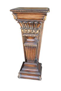 Decorator pedestal with lift top storage compartment: Nice carved and ornate decorator pedestal with lift top storage compartment in dark mahogany finish, structurally sound in good condition with no noticeable issues. 38.5"h x 17"w x 14"d