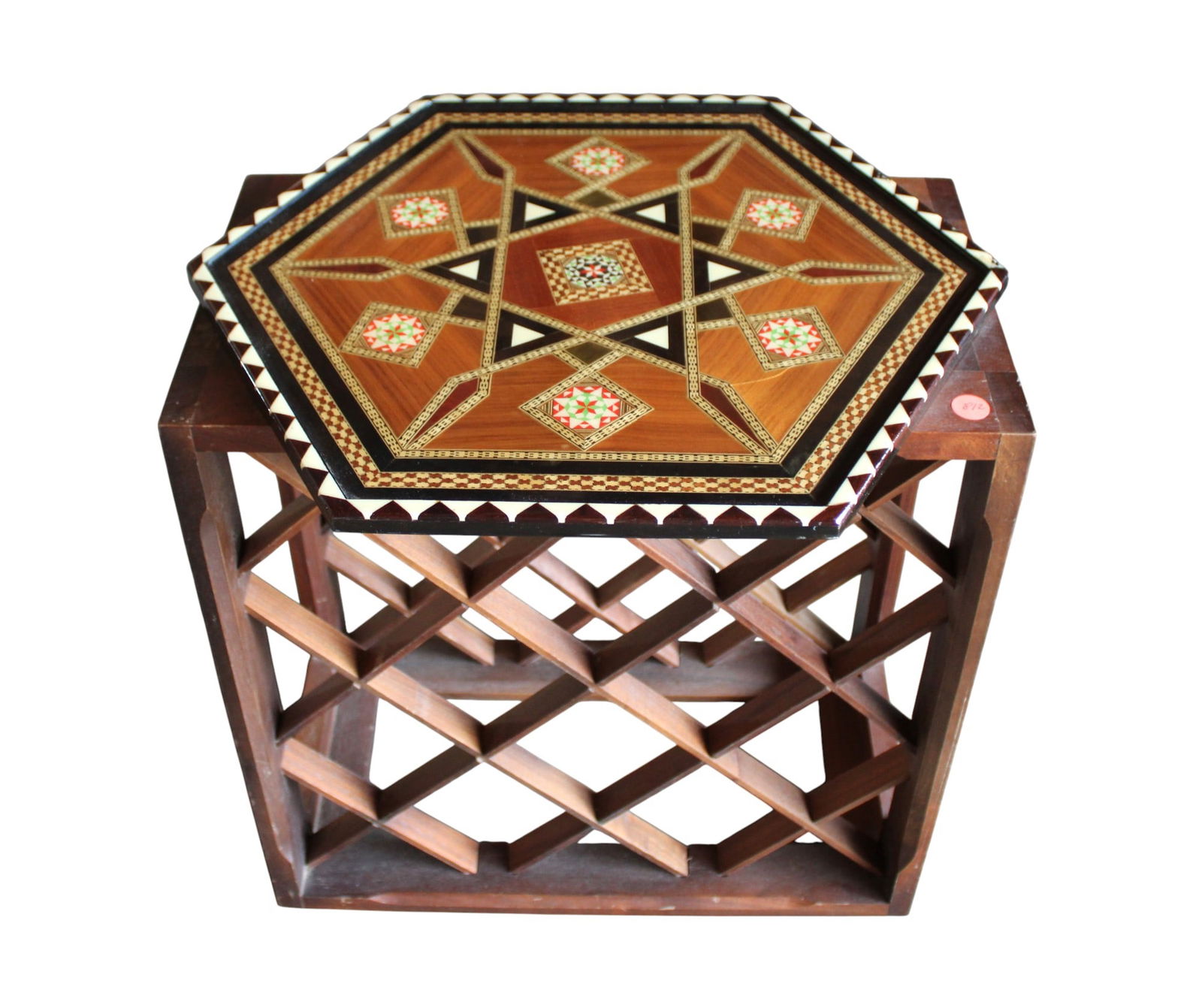 Vintage moroccan inlaid walnut exotic wine table: Vintage moroccan inlaid wine table in walnut and exotic woods, original finish, structurally sound and in good condition for age. 18.25"h x 18.50"w x 16"d