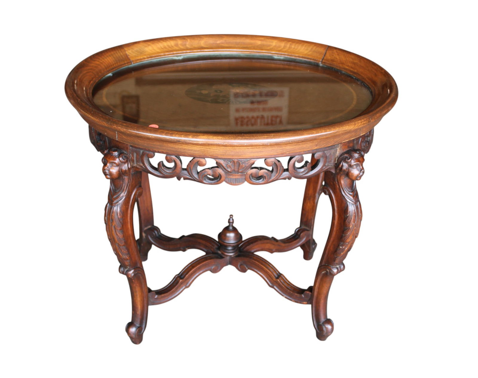 Antique pierce figural head oval inlaid serving table (1 of 5)