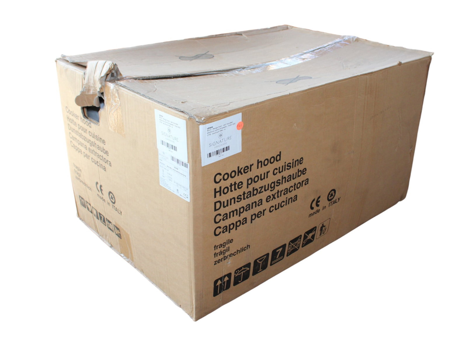 Signature Hardware made in Italy, VE90W Range Hood: Signature Hardware made in Italy, VE90W Range Hood, 90cm, wall mounted, electronic control 4 speeds, motor 600 CFM, aluminum filter, white in original box. Box 20"h x 38"l x 25"w
