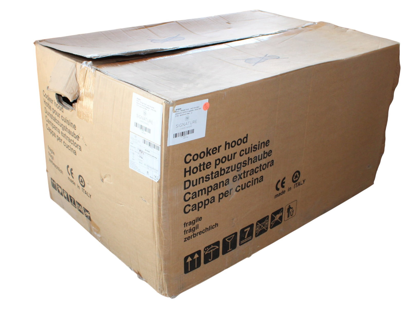 Signature Hardware made in Italy, WY80W Range Hood: Signature Hardware made in Italy, WY80W Range Hood, wall mounted, 80cm, electronic control 4 speeds, motor 600 CFM, aluminum filter, white in original box. Box 20"h x 38"l x 25"w