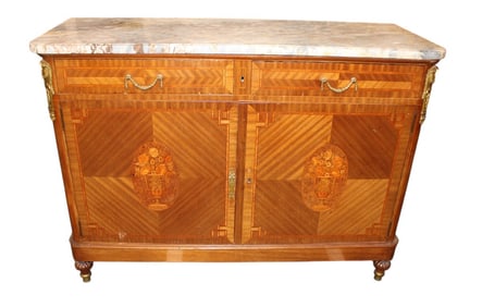 Nice antique French marble top inlaid burl buffet