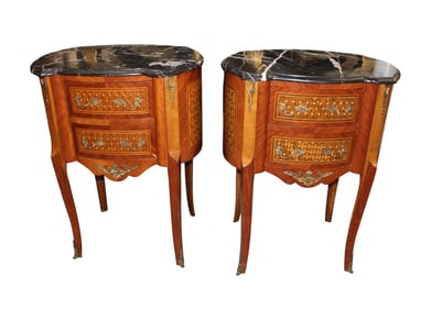 Nice pair french style marble top inlaid nightstands