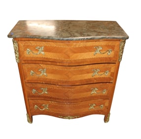 French style marble top inlaid burl mahogany chest
