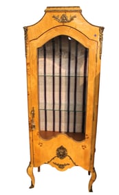 French style burl maple beveled glass display cabinet