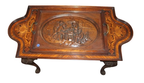 Fantastic antique inlaid pub scene carved tray table