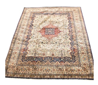 Hand stitched rug, birds, blues, ivory 142.5" x 109"