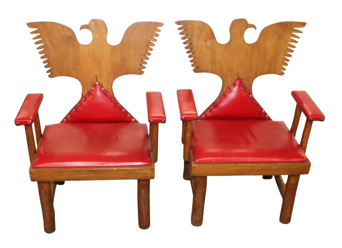 Pair Mid-C. Jimmy Covert eagle carved red leather chairs (1 of 10)