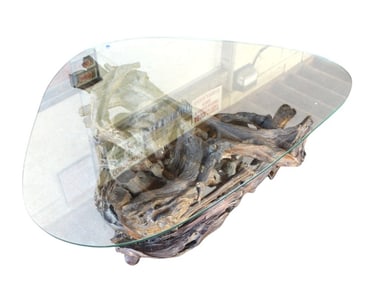 Nice Mid-C. drift wood glass top triangular coffee table