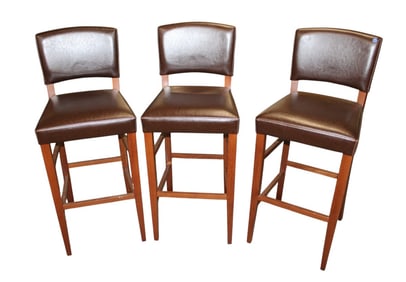 Set of 3 leather and mahogany framed stools