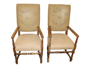 Pair Restoration Hardware stenciled canvas arm chairs
