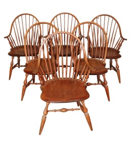 Set 6 vtg bentwood plank bottom chairs Warren Chair Works