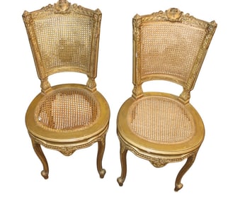 Pair antique French gold gilt caned music chairs