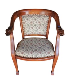 Antique lion head carved upholstered arm chair