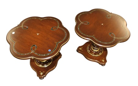 Pair mother of pearl inlaid scalloped side tables