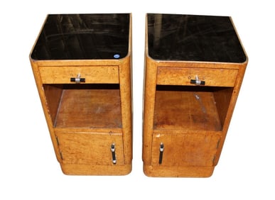 Cool match pair vtg smoke glass nightstands, right & left