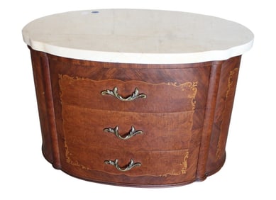 Petite french style inlaid marble top chest