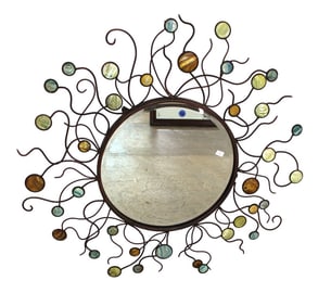 Modern bevel 32" round mirror metal scroll frame