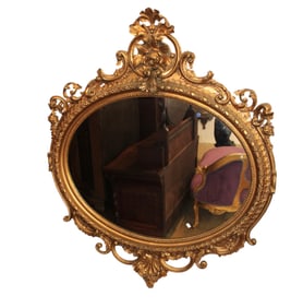 Large elaborate antique wood and gesso oval mirror 62" x 53"